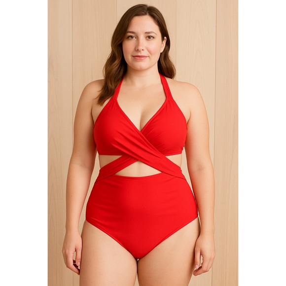 Womens Swimsuit Size L Red One Piece Halter Crisscross Resortwear Beach Summer‎ - Picture 1 of 4